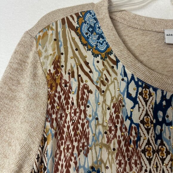 Sweater sz XL tan rust red yellow fall colors studded chiffon knit‎ cabincore - Picture 2 of 4